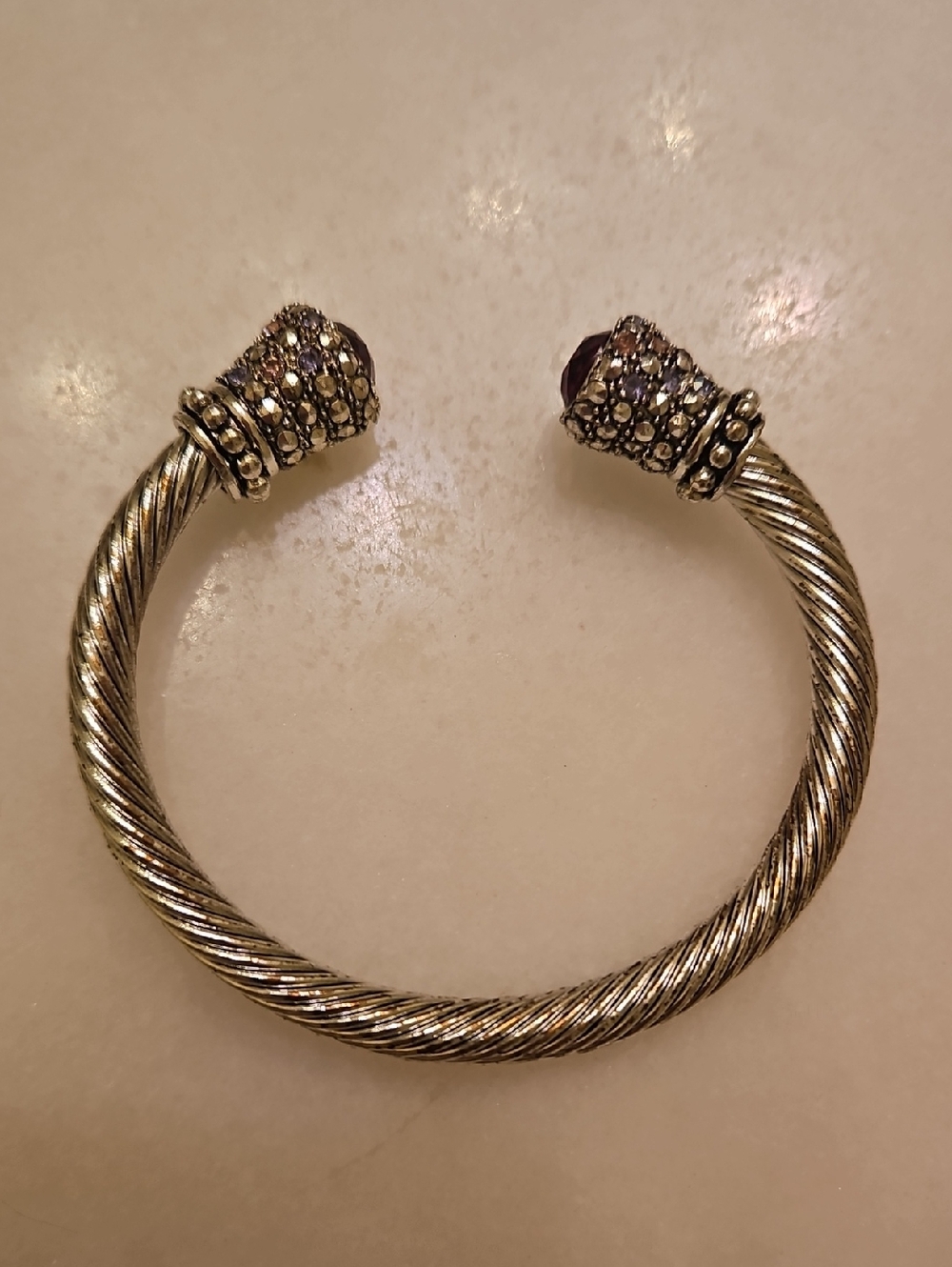 Silver-Tone Twisted Cable Cuff Bracelet with Crystal End Caps
